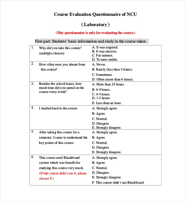 lab course evaluation form