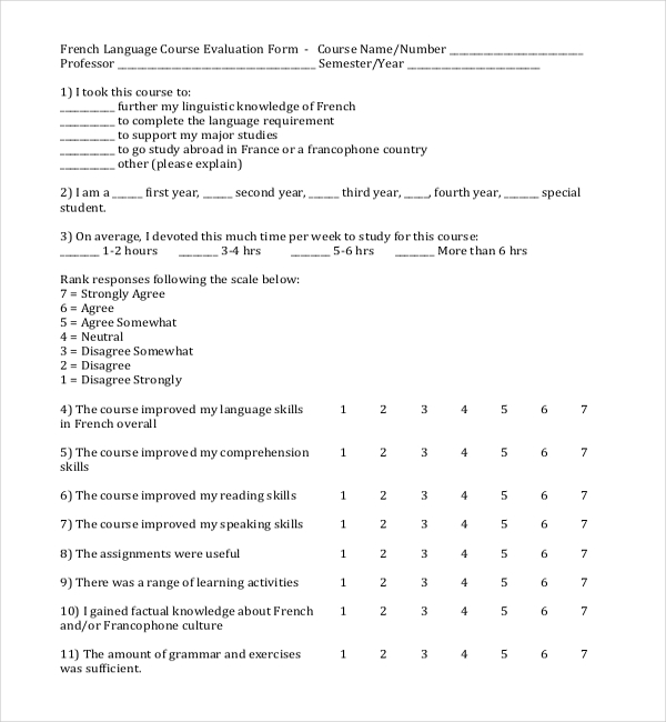 language course evaluation form