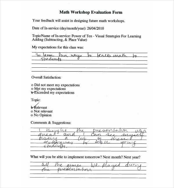 math workshop feedback form