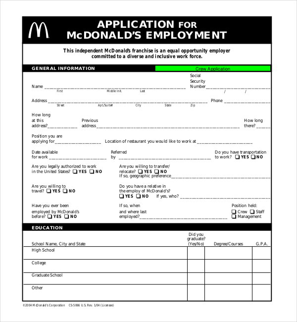 mcdonalds application for employment form