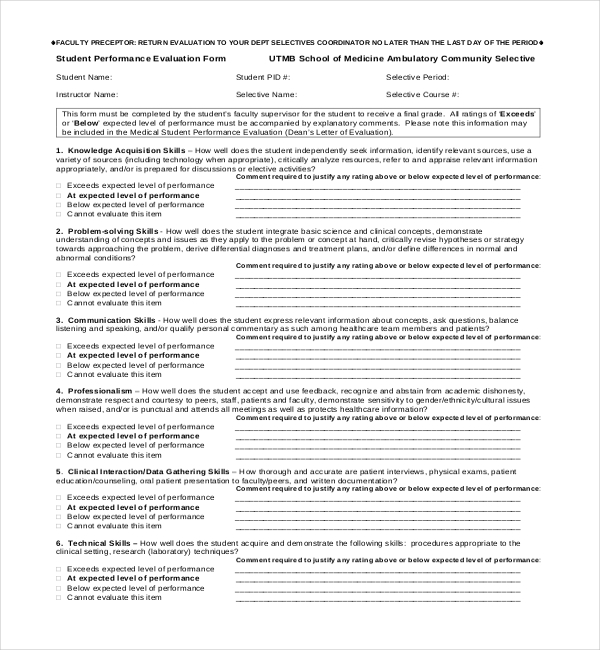 medical student evaluation form