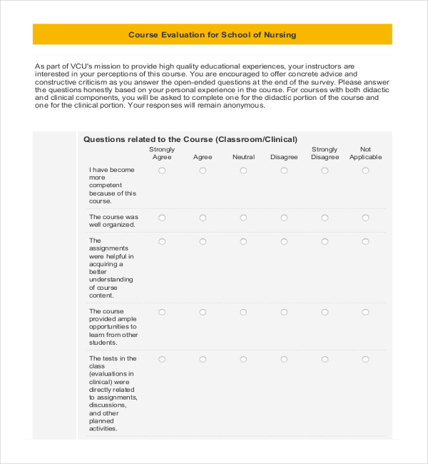 nursing course evaluation form