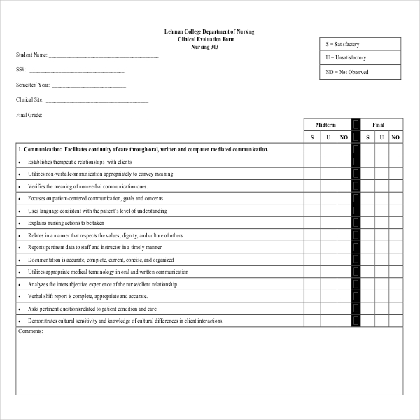 nursing student evaluation form