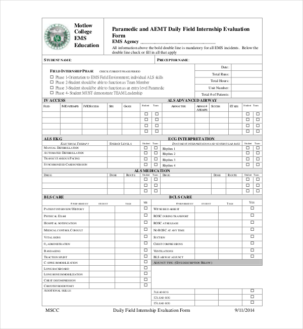 paramedic student evaluation form