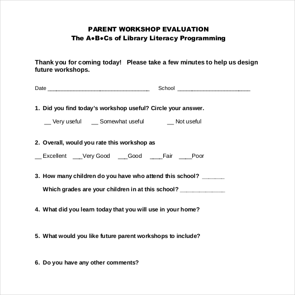 parent workshop evaluation form