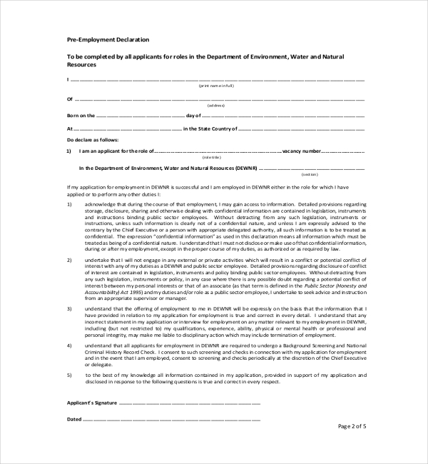 Free 11 Sample Employee Declaration Forms In Pdf Excel Word 0794