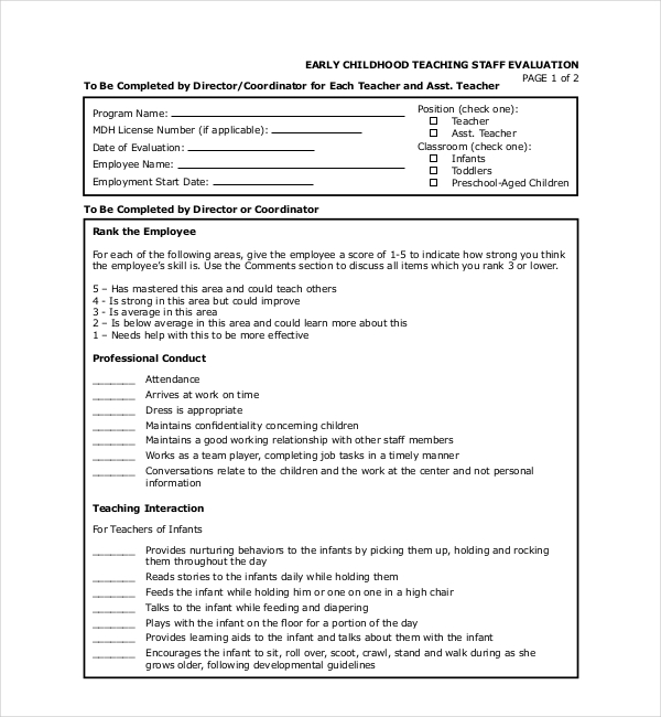 preschool teacher evaluation form