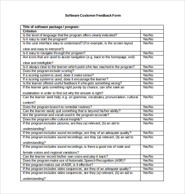 software customer feedback form template