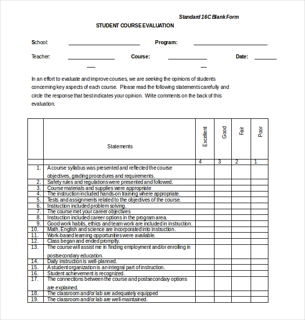 Student Evaluation Form Sample Free Download Photos