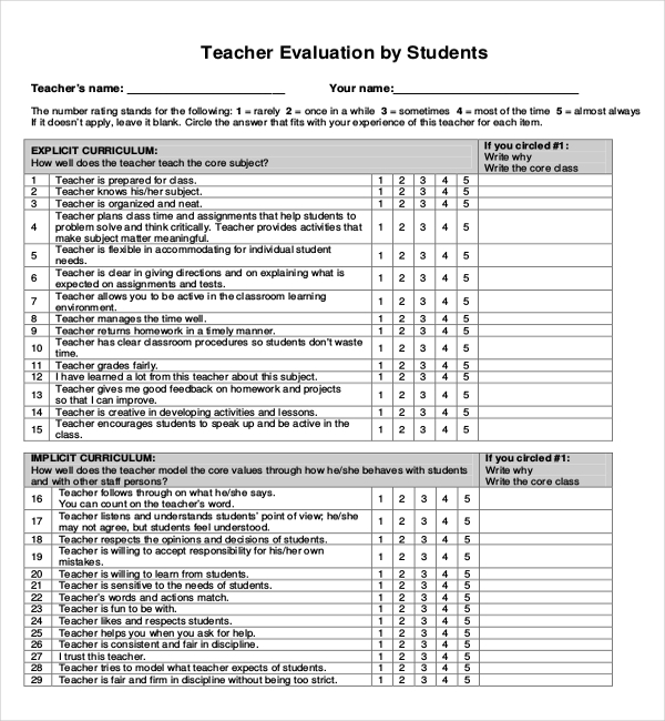 student evaluation form for teachers
