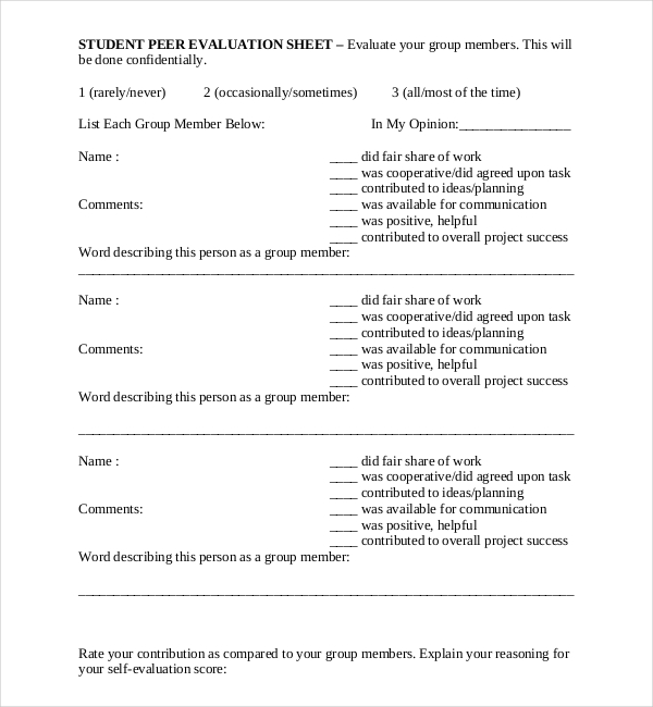 student peer evaluation form