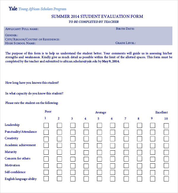 summer student evaluation form