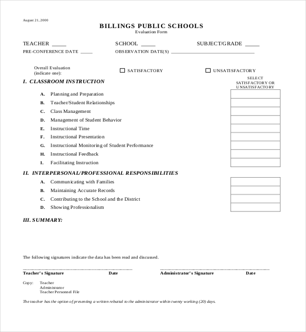 teacher evaluation form for administrators