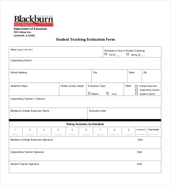 teacher evaluation form for students