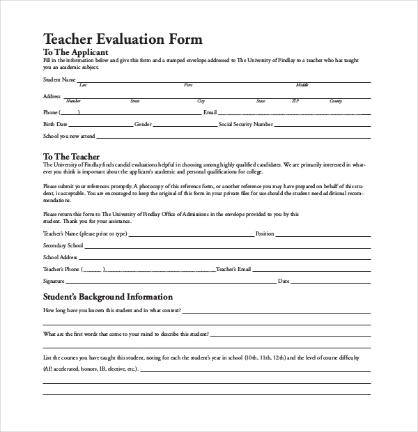 university teacher evaluation form