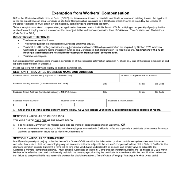 workers compensation exemption form