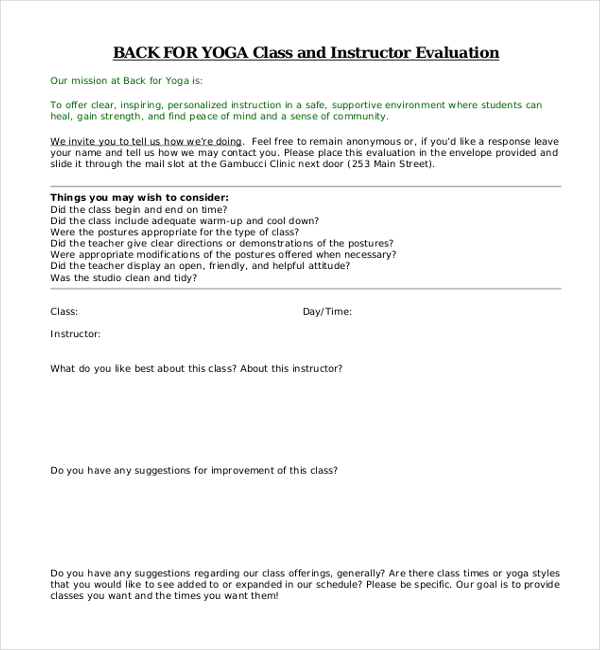 yoga course evaluation form