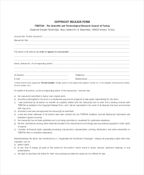 Free 7 Sample Copyright Release Forms In Pdf Ms Word