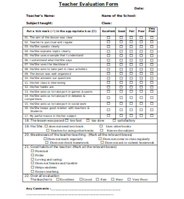 basic teacher evaluation form