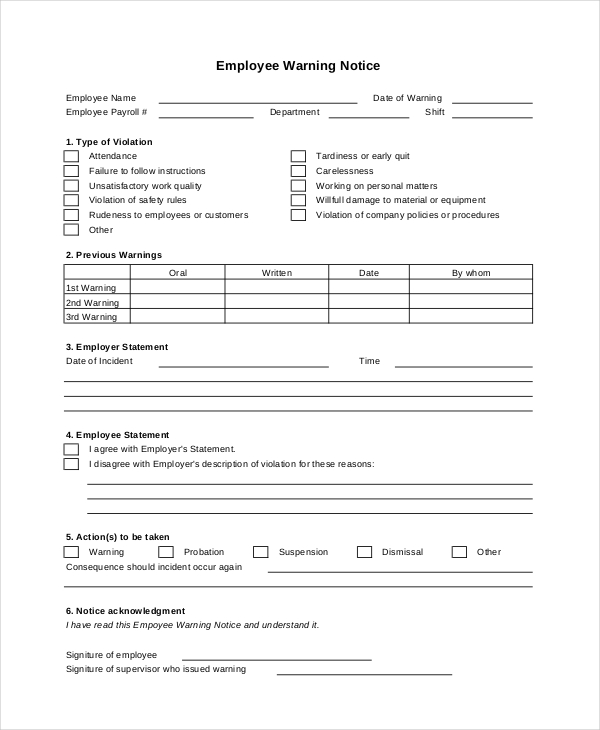 FREE 8 Sample Employee Warning Notice Forms In PDF Word Excel