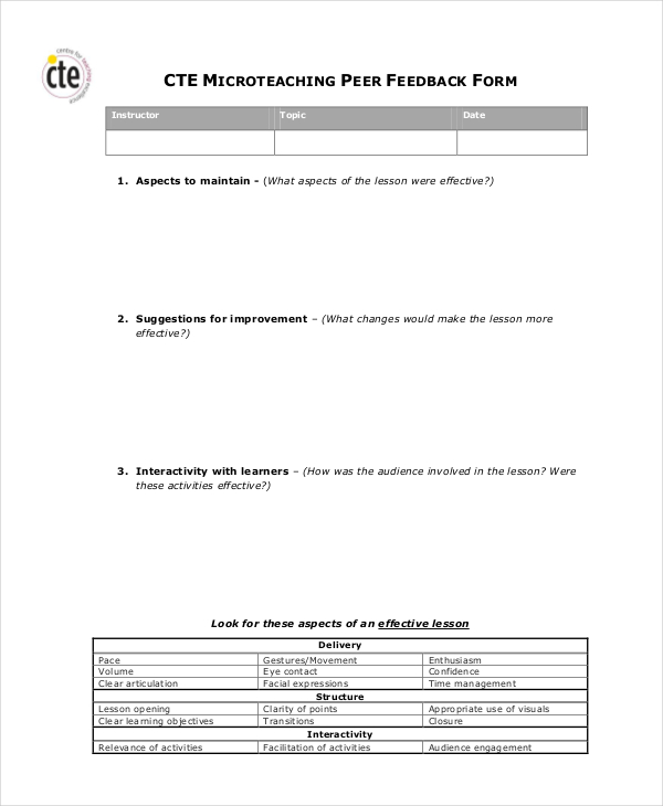cte microteaching peer feedback form