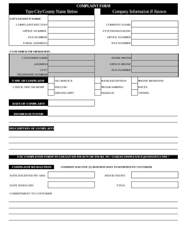 cable customer complaint form