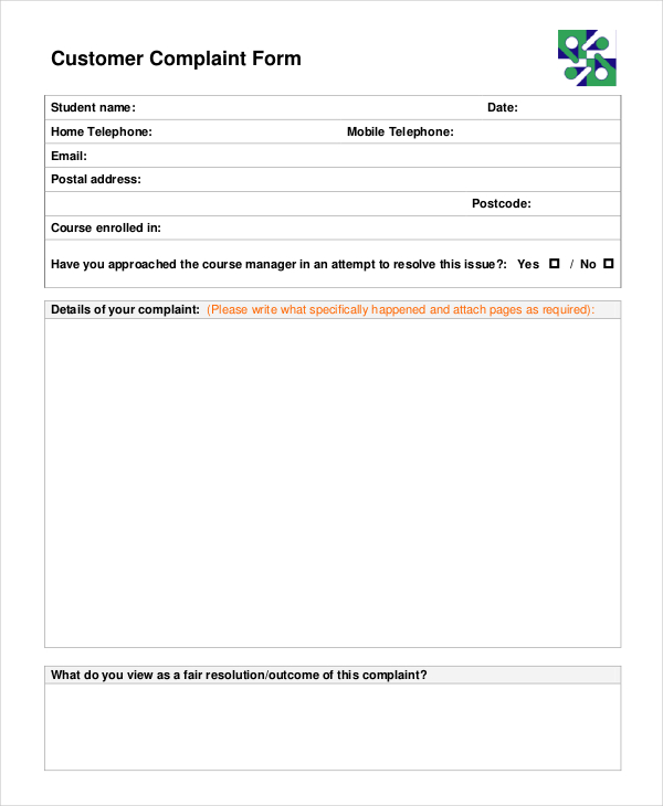 customer complaint form for product service