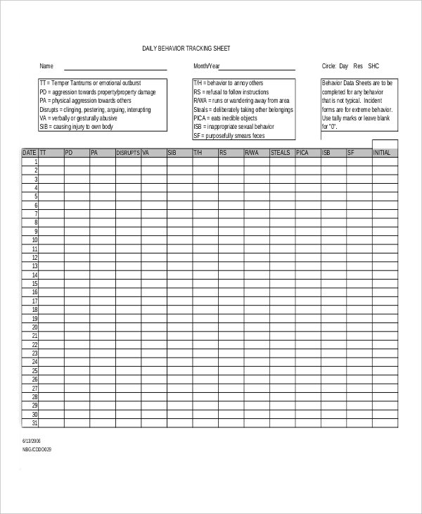 Daily Positive Behavior Tracking Form Doc