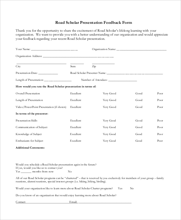 elderhostel presentation feedback form