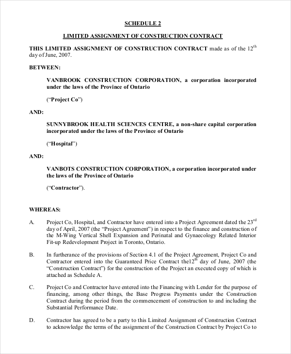 form of limited assignment of construction contract