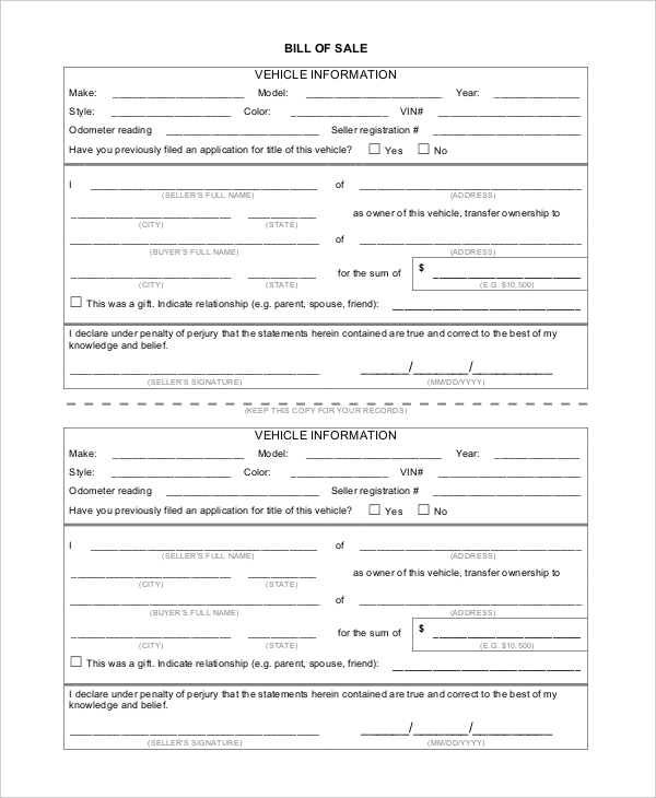 general bill of sale form for vehicle