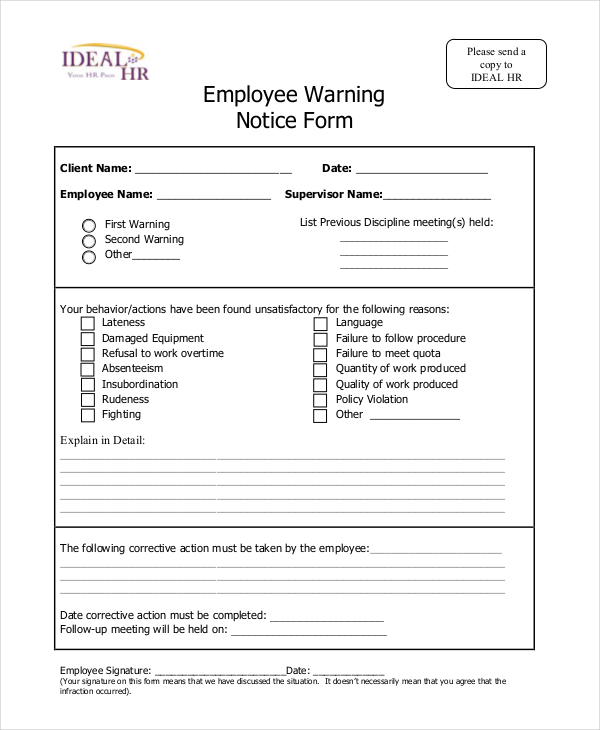 FREE 8 Sample Employee Warning Notice Forms In PDF Word Excel