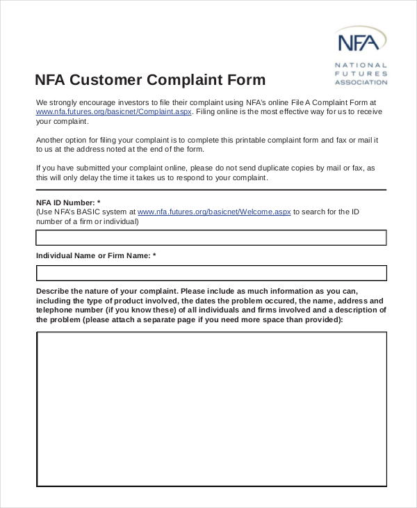 nfa customer complaint form