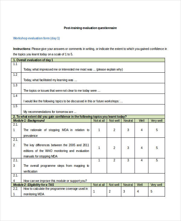 Training Feedback Evaluation forms