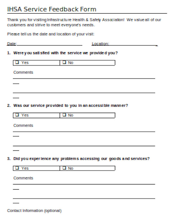 FREE 19+ Sample Service Feedback Forms in PDF Word Excel