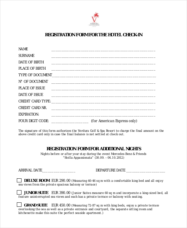 registration form for the hotel check in