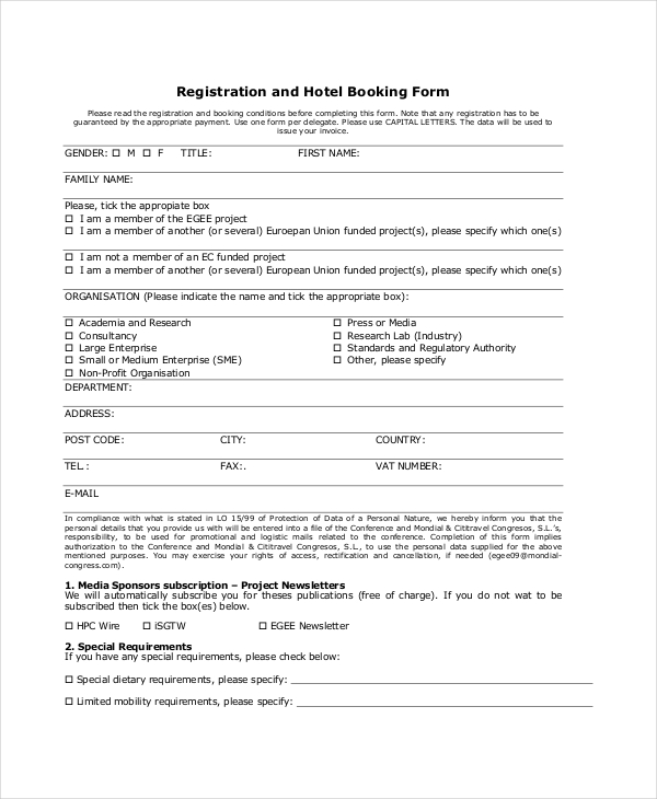registration and hotel booking form