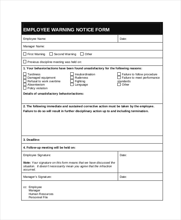 Free 8 Sample Employee Warning Notice Forms In Pdf Word Excel