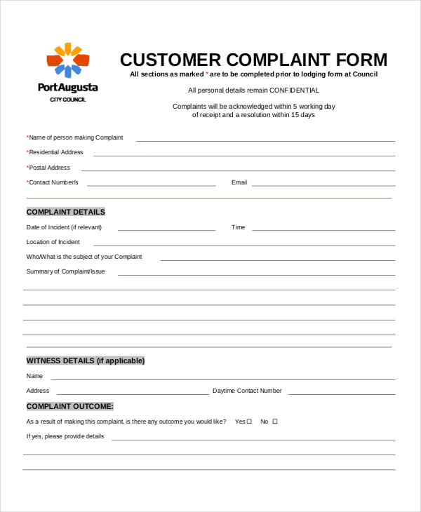 sample customer complaint form