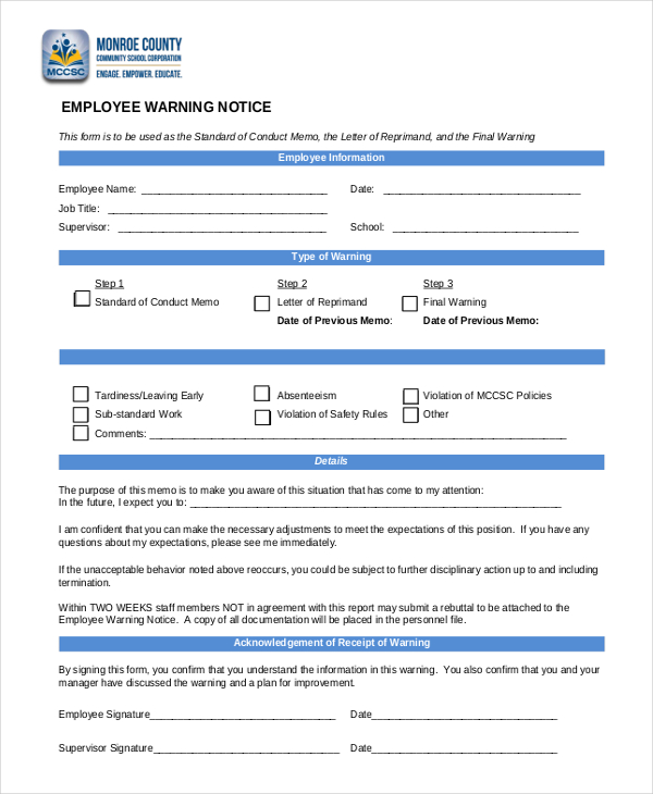 school employee warning notice form