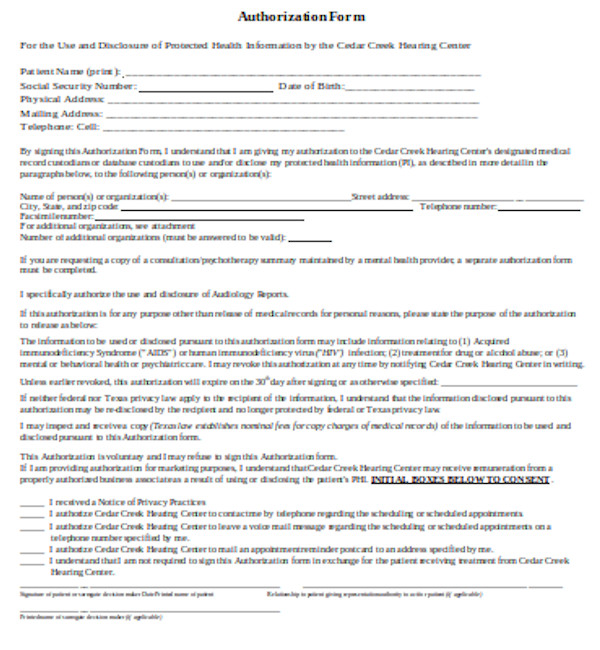 standard medical authorization form
