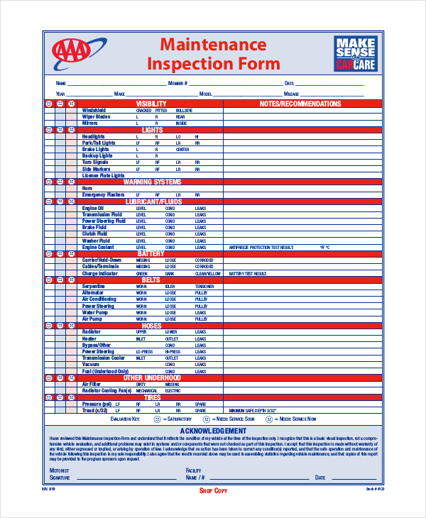 vehicle maintenance and inspection form
