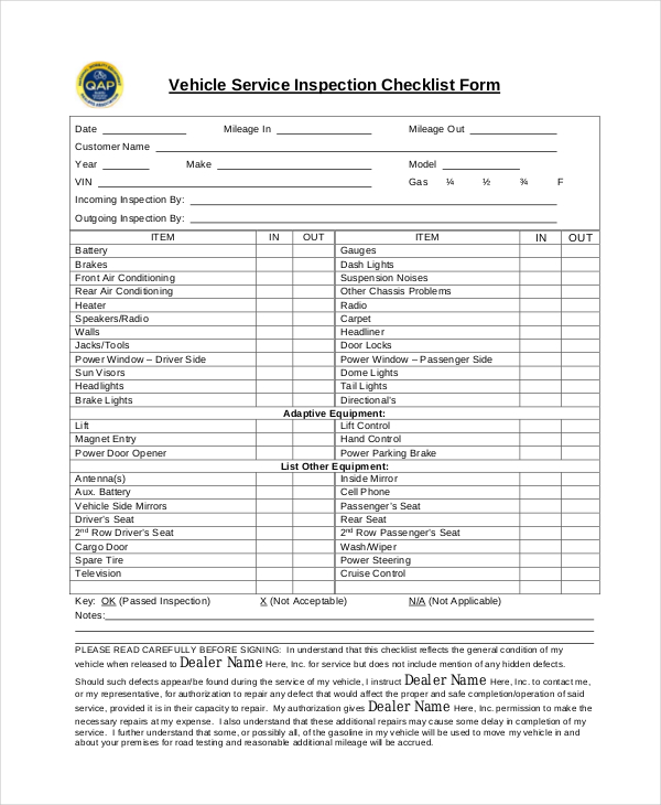 vehicle service inspection checklist form