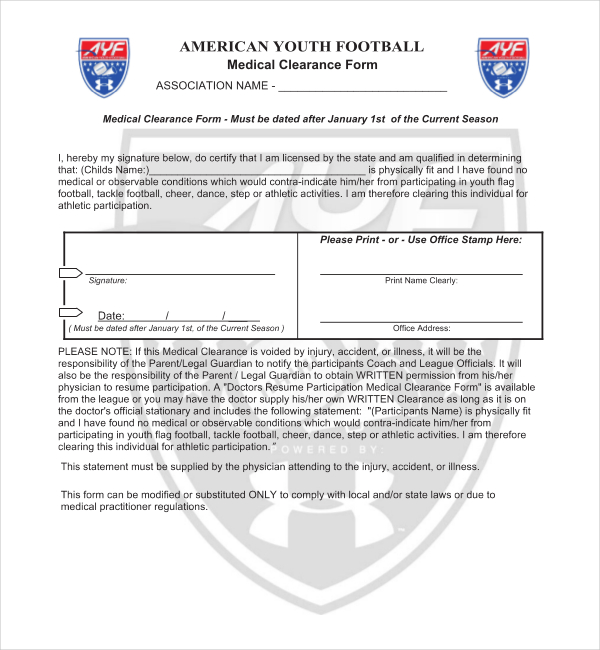 american youth football medical clearance form