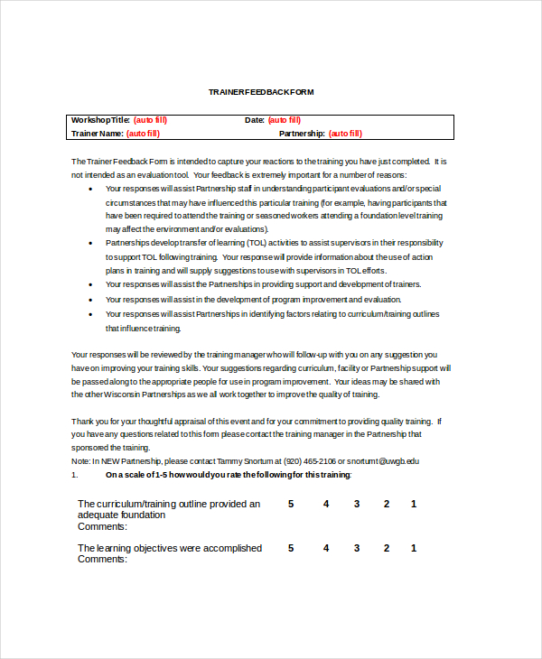 application training feedback form