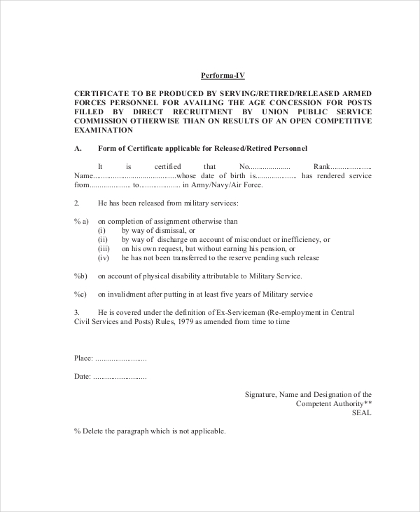 army certificate of service form