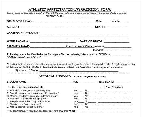 athlete medical history form