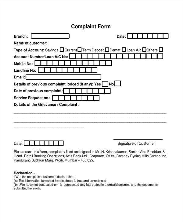 bank customer complaint form