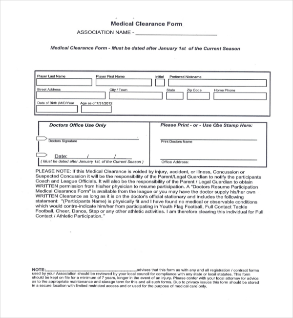 basic medical clearance form