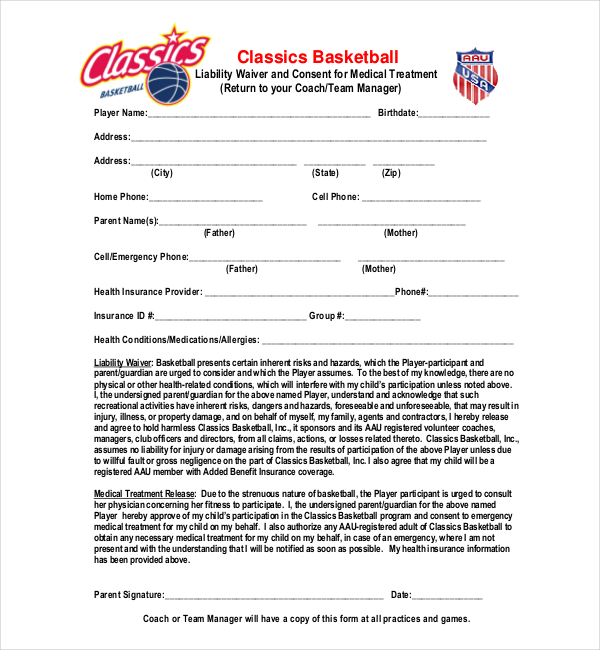 basketball medical waiver form